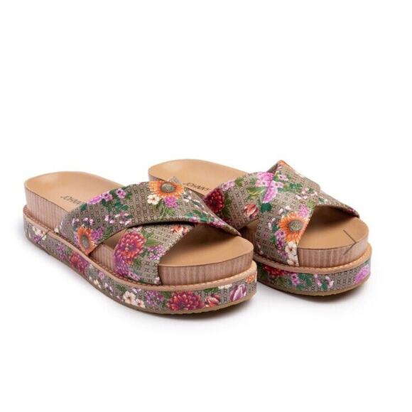 Johnny Was Size 7 Jenna Cross Cross Sandal Leather Slip Ons Slides Floral Boho - Picture 1 of 10